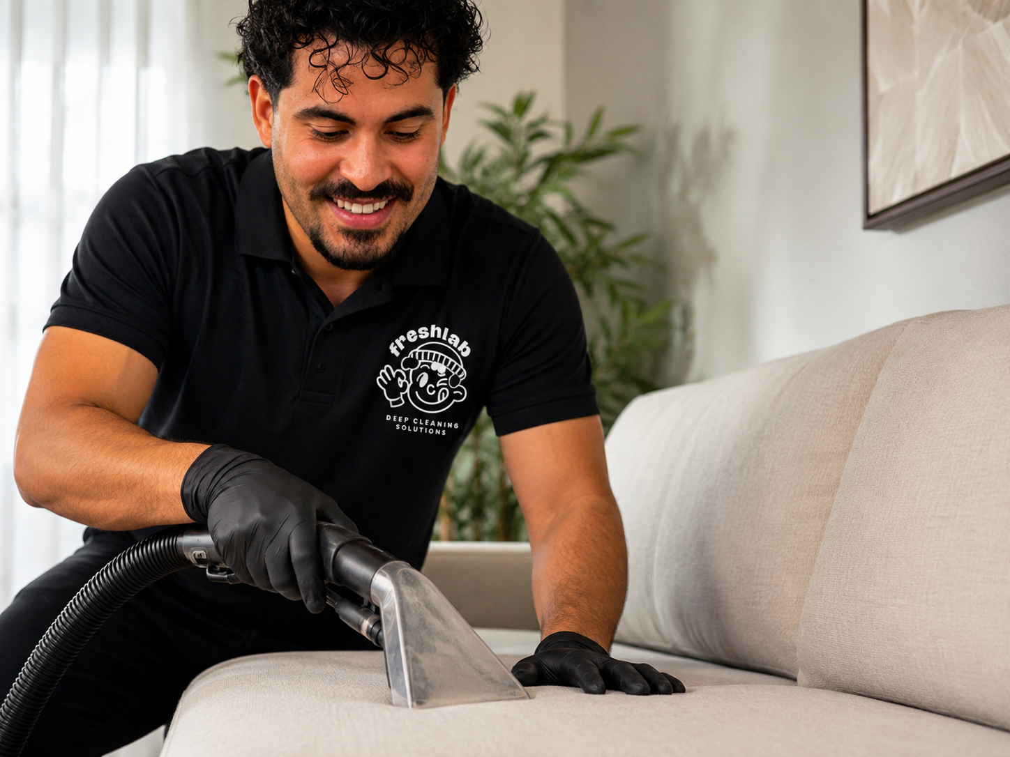 FreshLab technician cleaning a sofa with an upholstery extraction tool