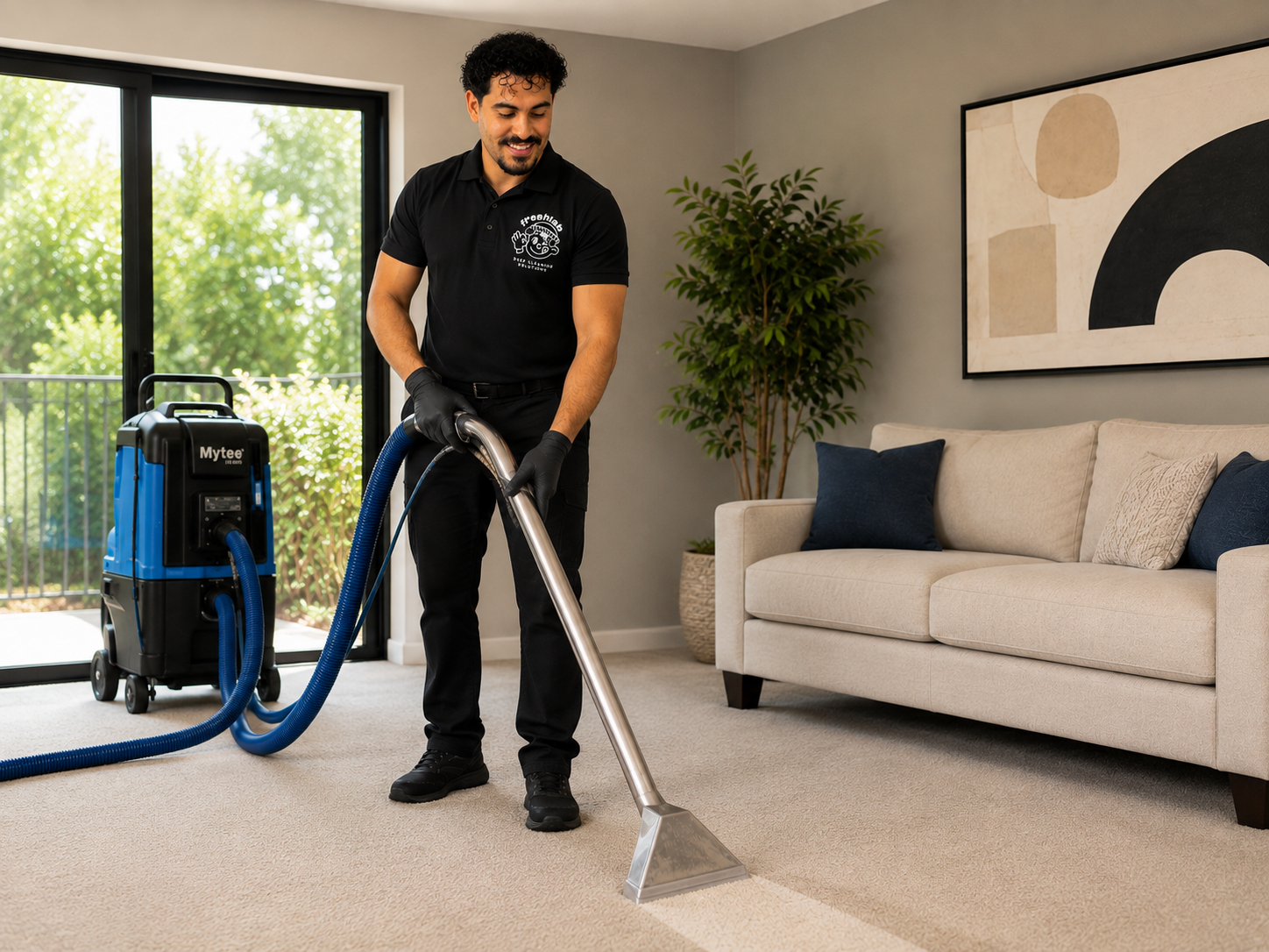 FreshLab technician deep cleaning a carpet with an extraction wand