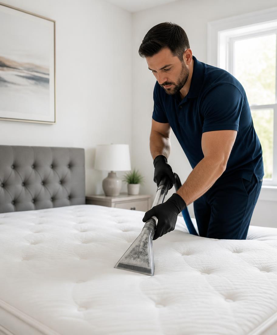 FreshLab technician deep cleaning a mattress with a steam extraction tool